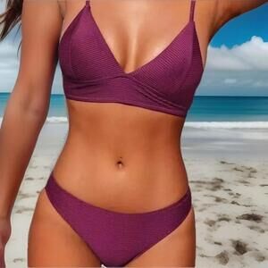 NWT Cupshe Purple Ribbed Triangle Banded‎ Cheeky Bikini Set - Size Medium